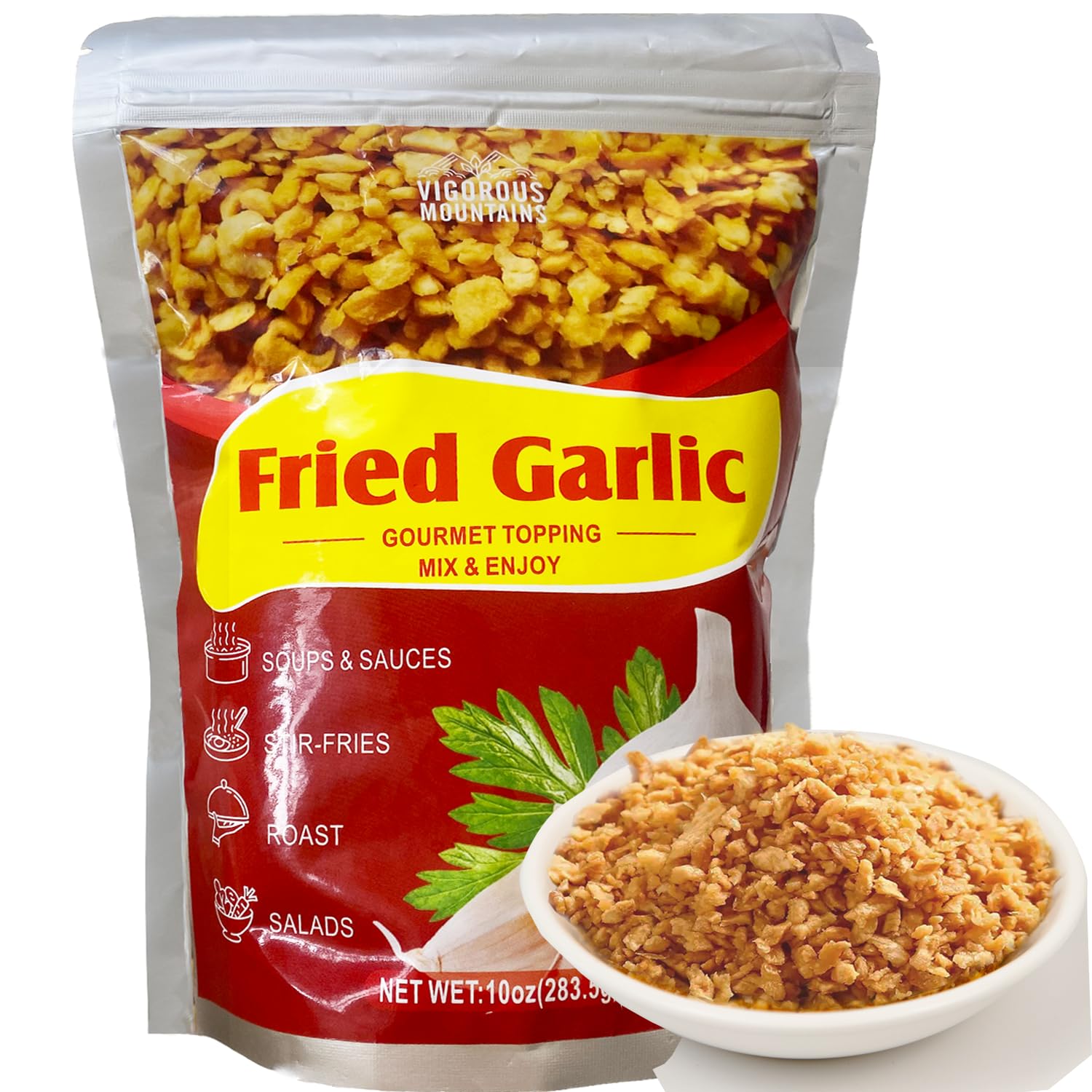 VIGOROUS MOUNTAINS front packaging showing resealable bag and branding benefit freshness