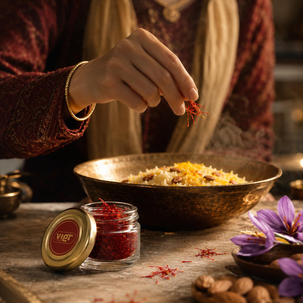 vigr saffron soaked in milk releasing golden color and aroma