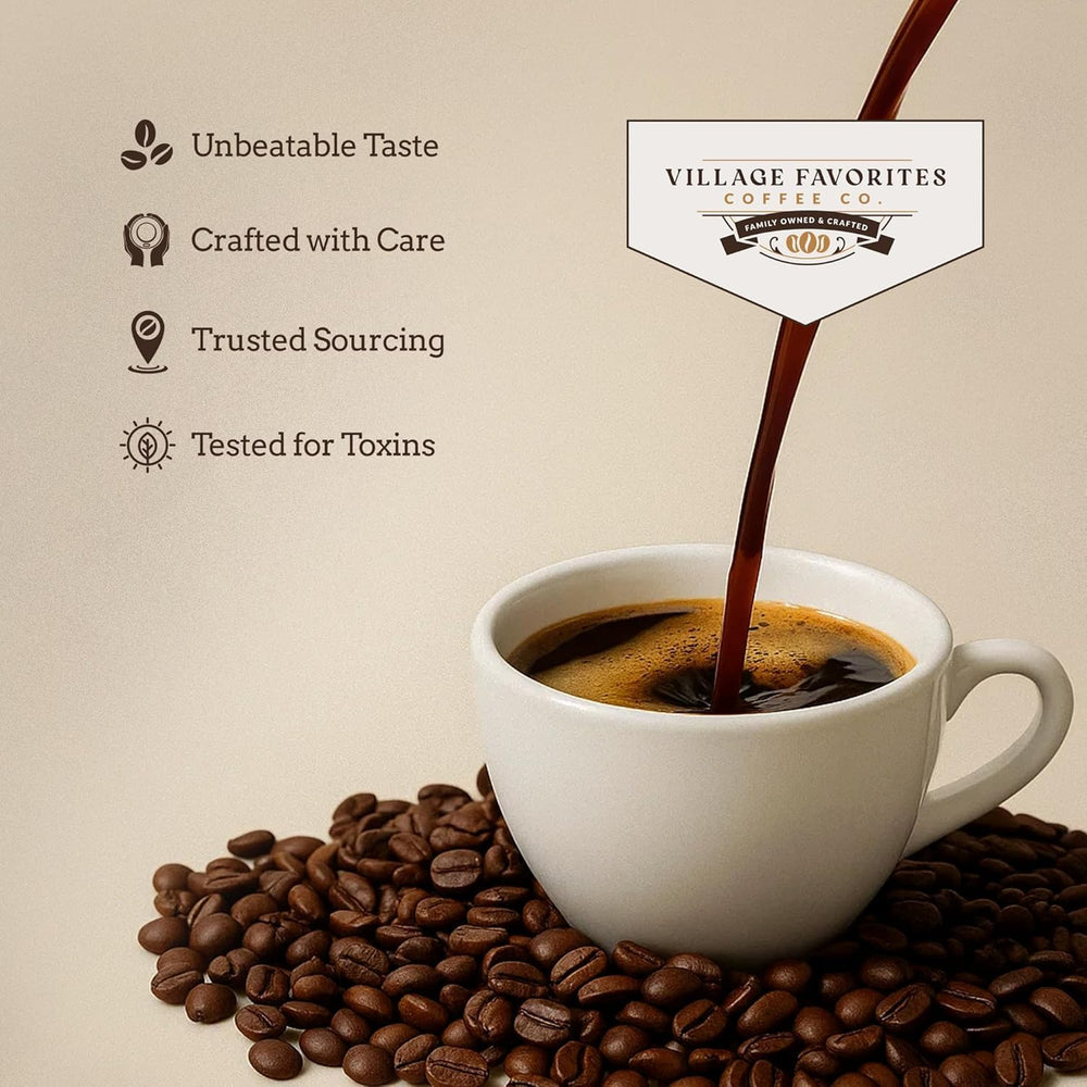 Village Favorites coffee beans with pistachios and honey showing aromatic flavor benefit