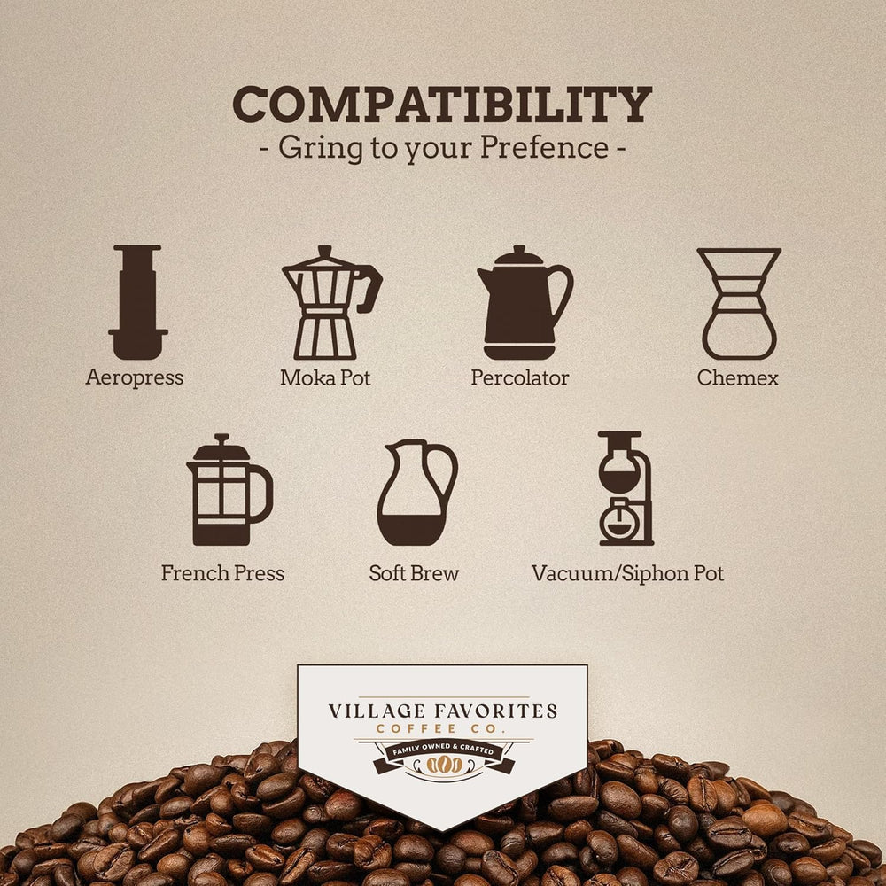 Village Favorites French press and cup demonstrating fuller body and comfort benefit