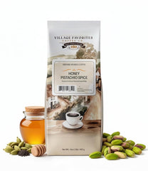 Village Favorites front bag showing Honey Pistachio Spice and benefit of smooth flavor