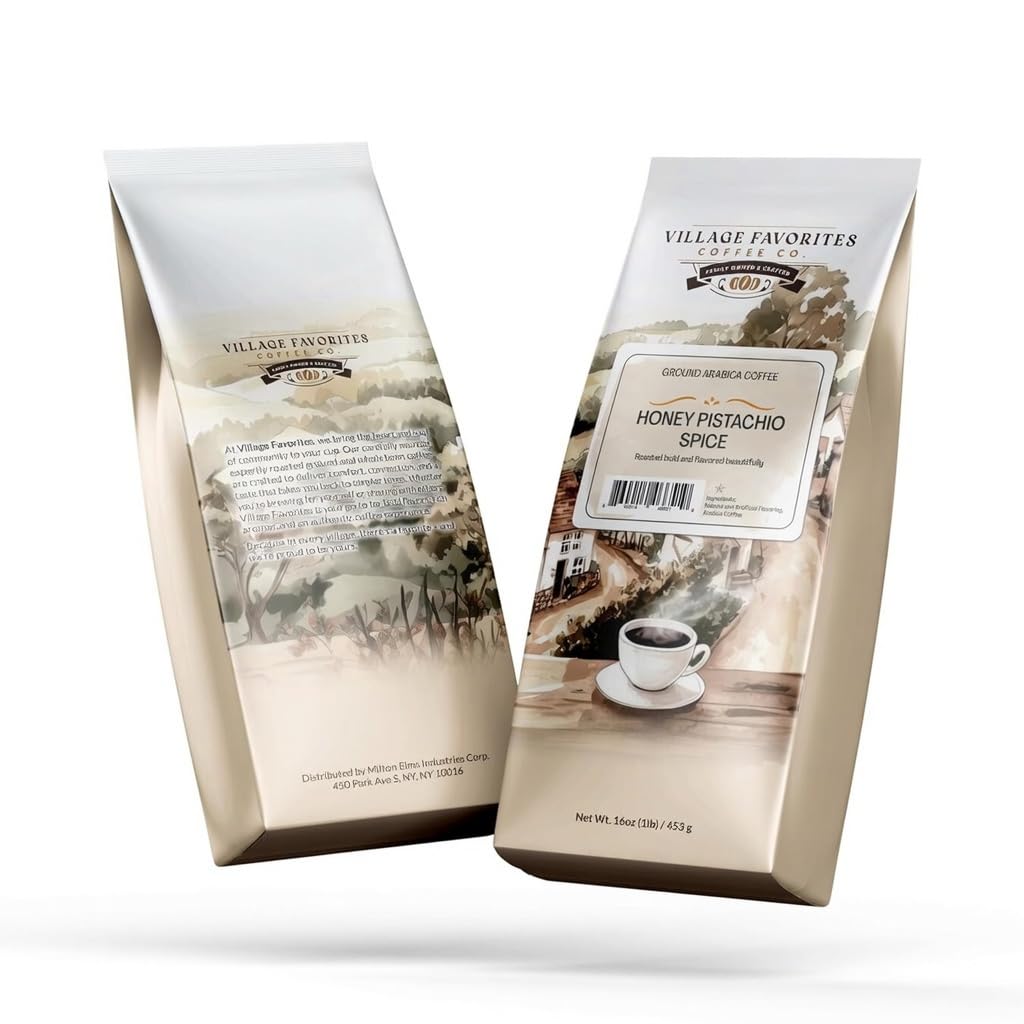 Village Favorites ground coffee on spoon showing texture and quick extraction benefit
