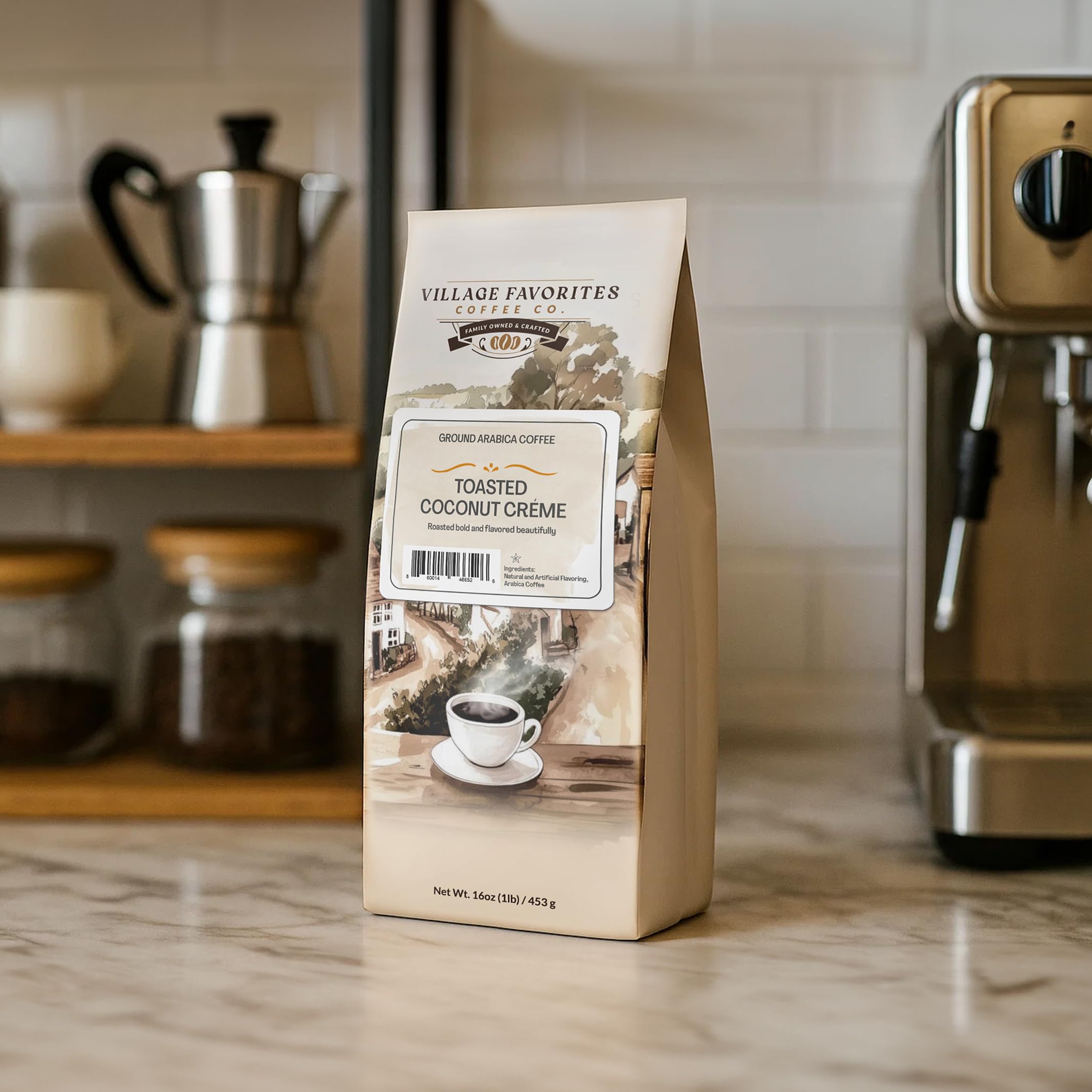 Village Favorites pour-over brewing toasted coconut crème for aroma