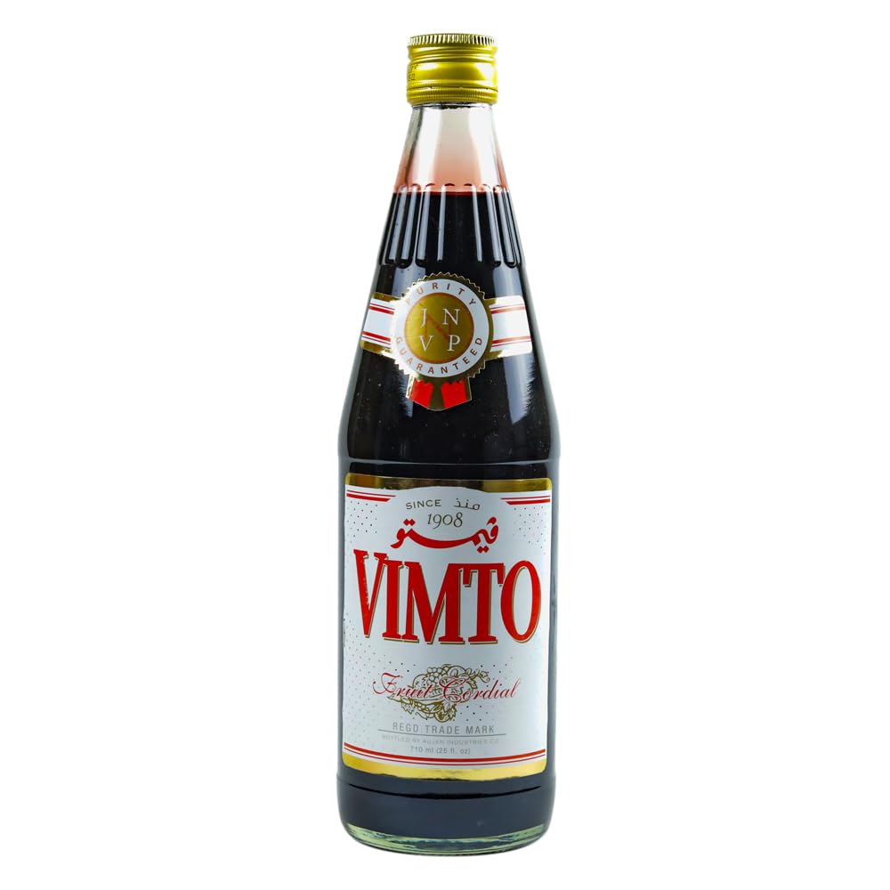 Vimto bottle front label showing brand and vibrant purple cordial for shelf appeal