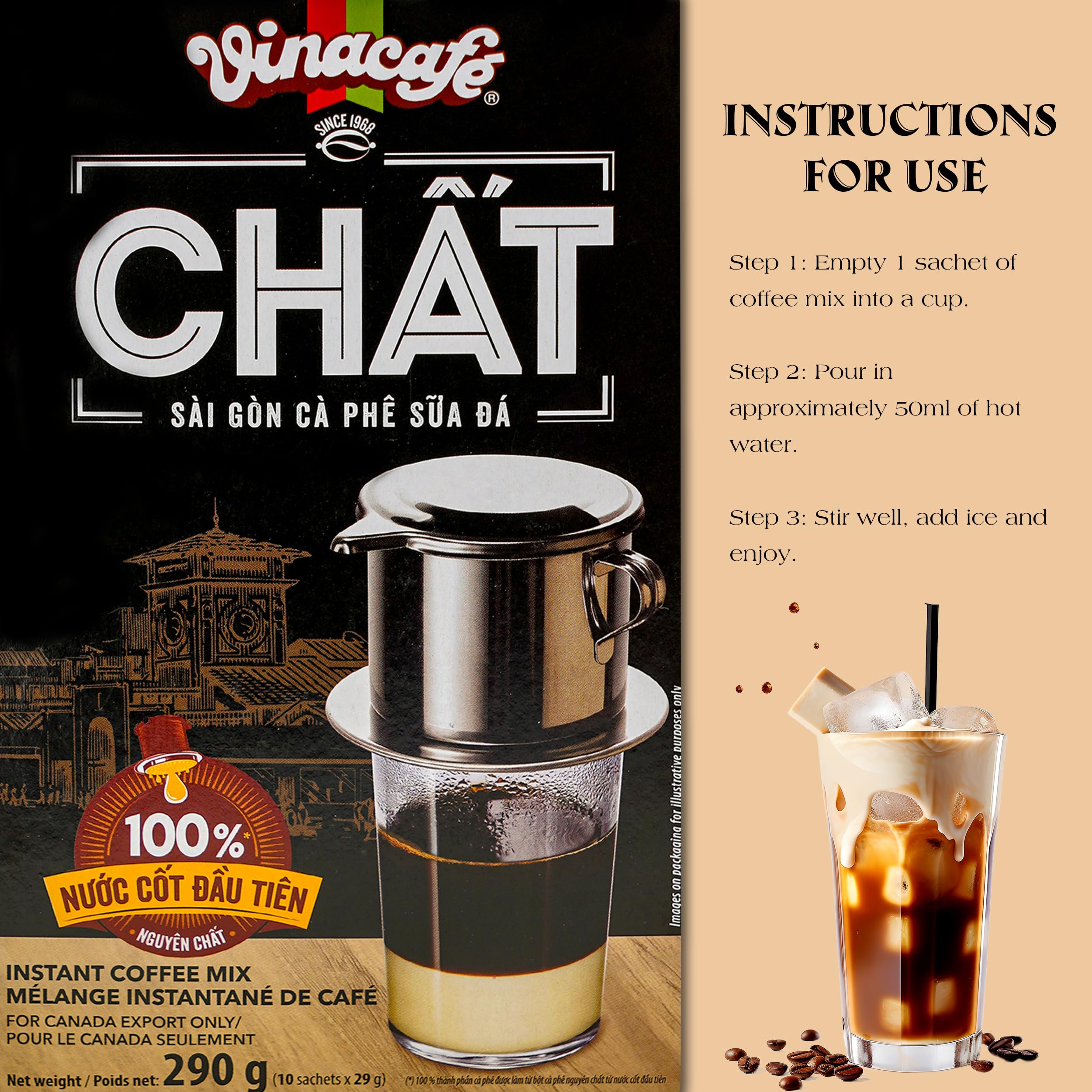 Vinacafe Chat iced coffee being poured over ice for refreshing on-the-go benefit