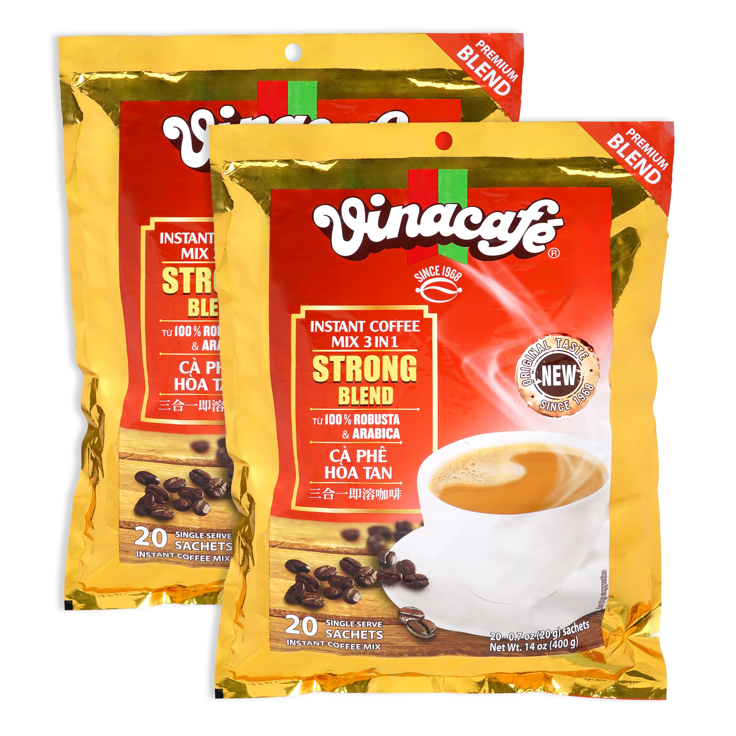 Vinacafe front packaging showing gold red bags and clear branding, highlights convenience