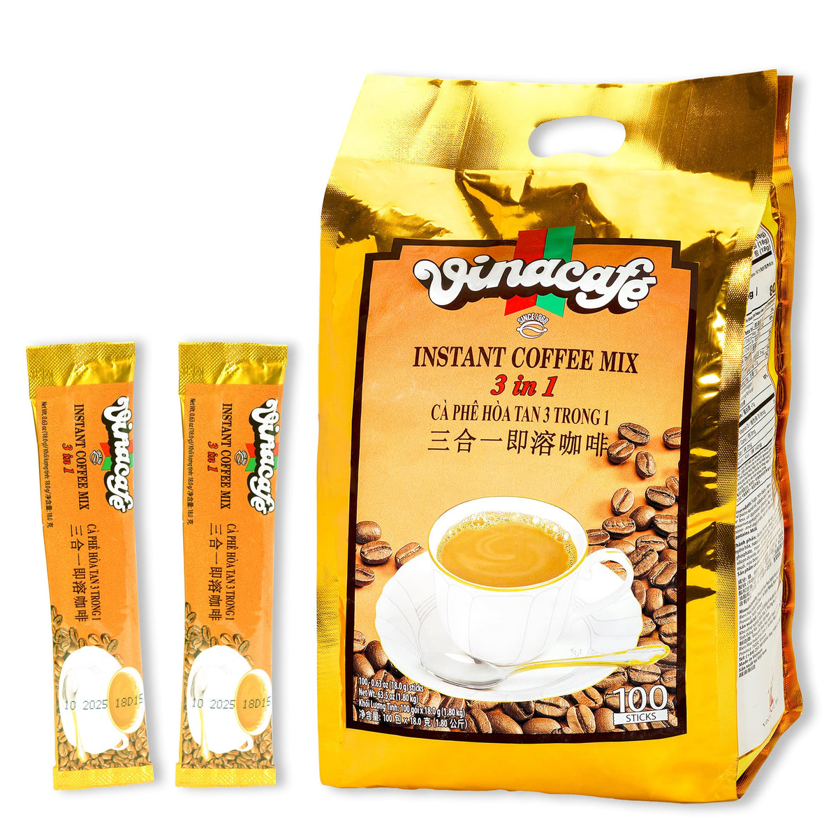 Vinacafe front packaging showing 100-stick box and convenience benefit
