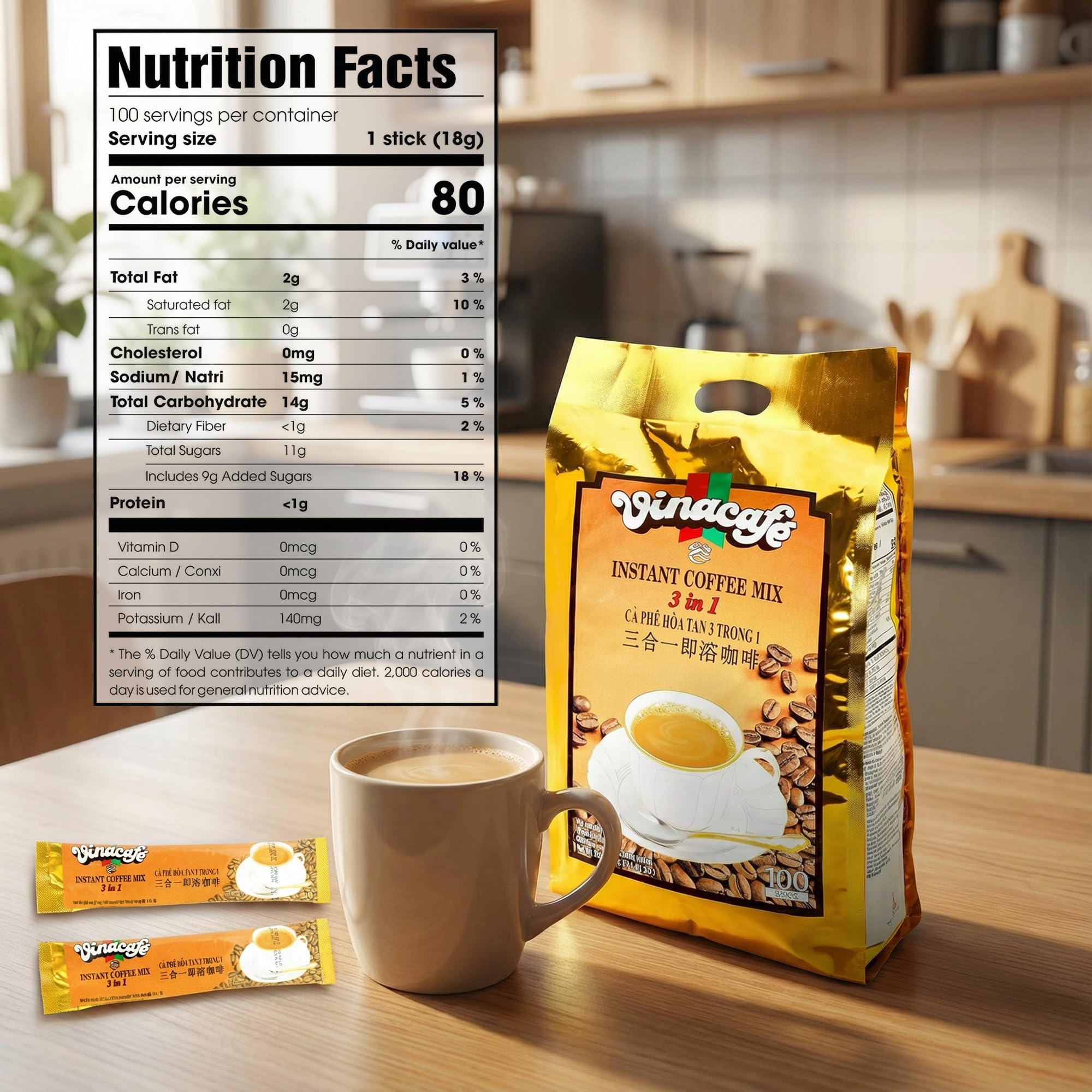 Vinacafe stick close-up displaying sealed mylar packet and freshness benefit
