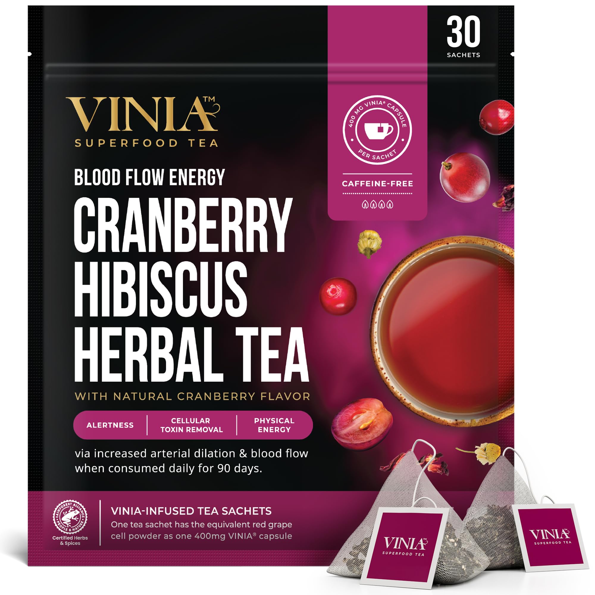 VINIA front packaging showing cranberry hibiscus benefits and sachet count