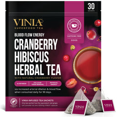 VINIA front packaging showing cranberry hibiscus benefits and sachet count
