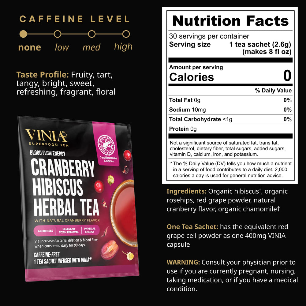 VINIA steeped cup with ruby red brew showing circulation-supporting ingredients