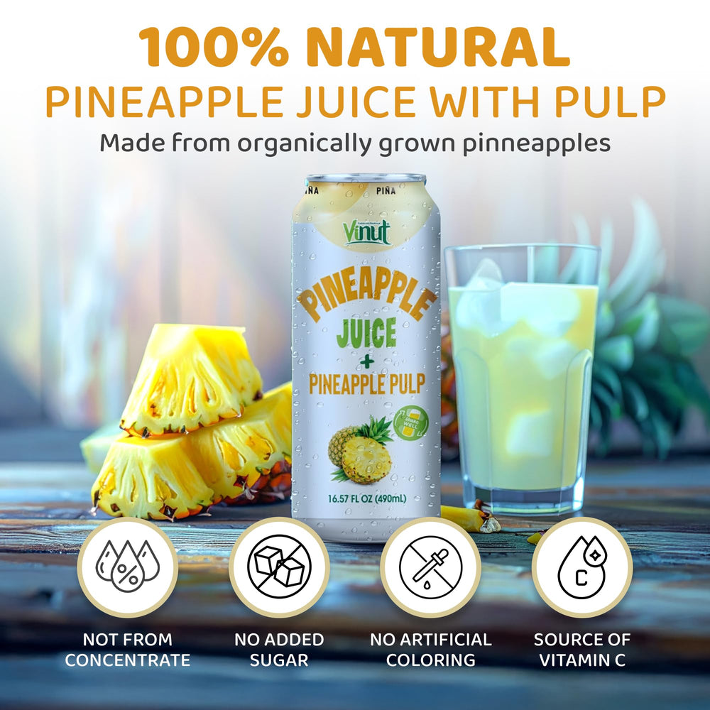 VINUT bottle beside fresh pineapple, emphasizes authentic fruit origin