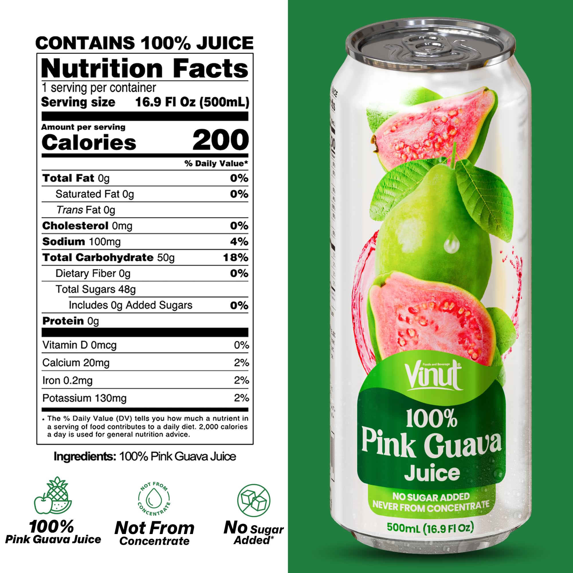 VINUT ingredients panel close view, shows 100% pink guava and no sugar