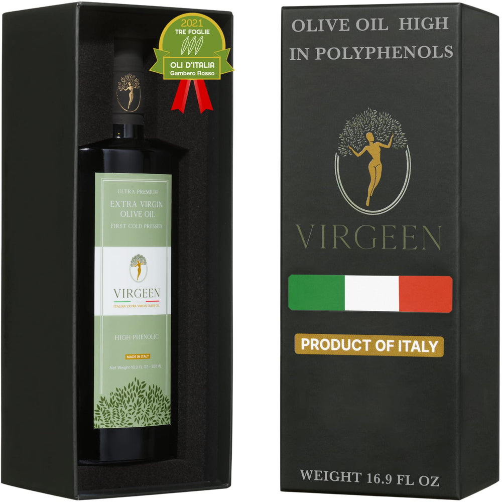 VIRGEEN front bottle view showing premium label and pouring spout benefit