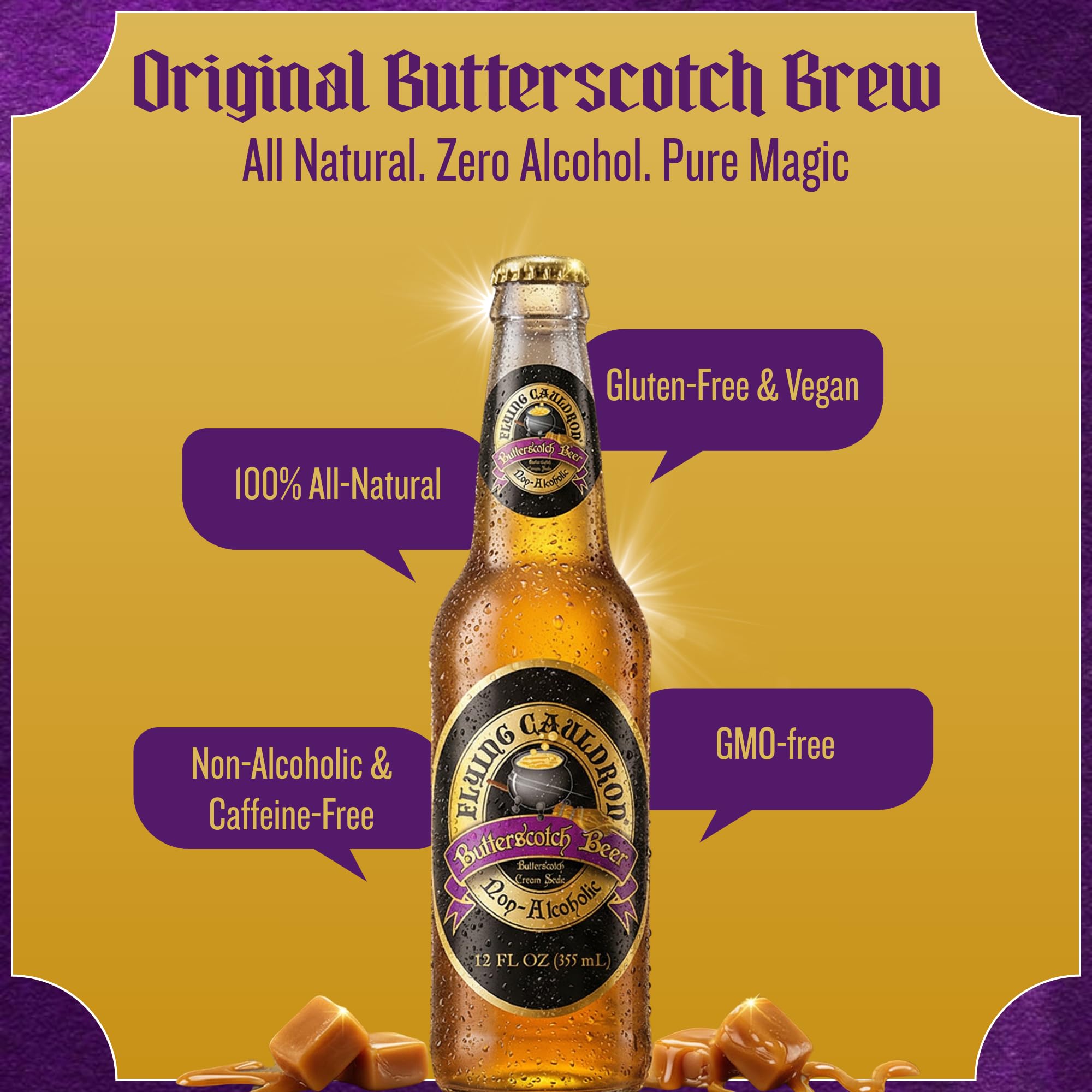 Virgil's Flying Cauldron bottle closeup highlighting creamy vanilla butterscotch flavor