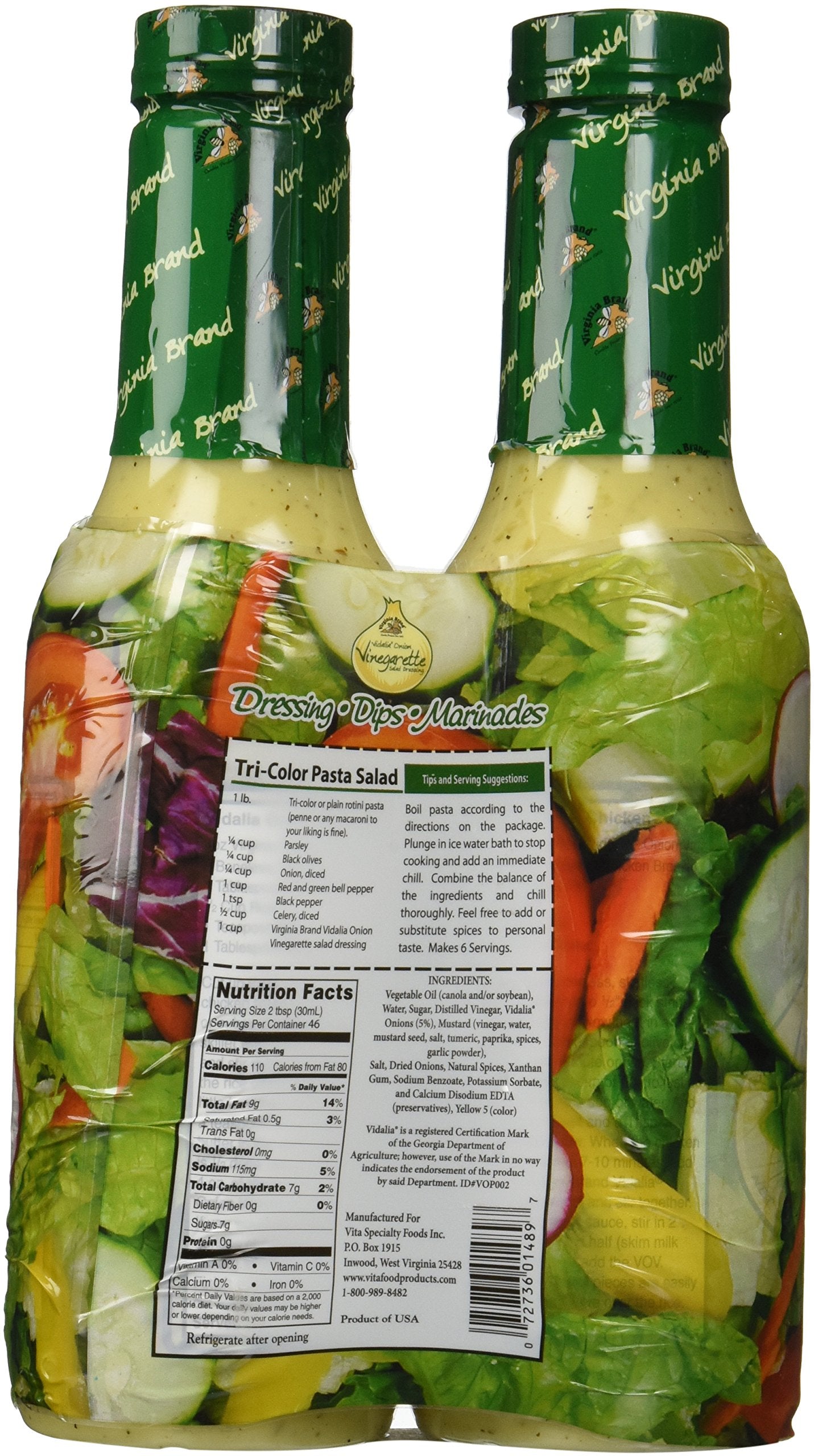 Virginia Brand dressing poured over mixed greens showcasing sweet onion flavor and bright finish