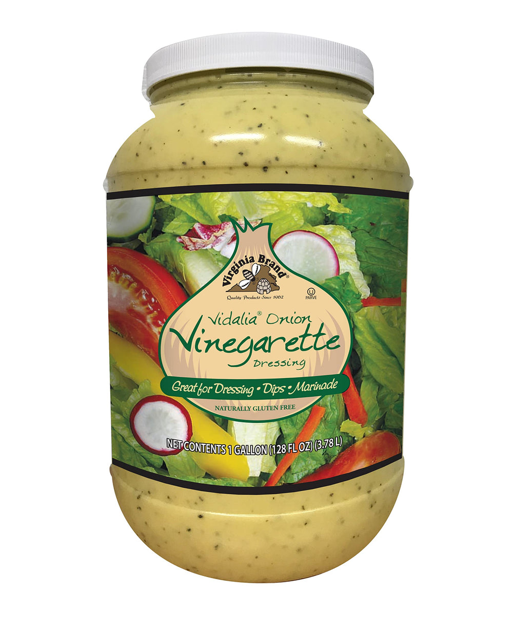 Virginia Brand Vidalia onion vinaigrette bottle front showing label and versatile flavor boost