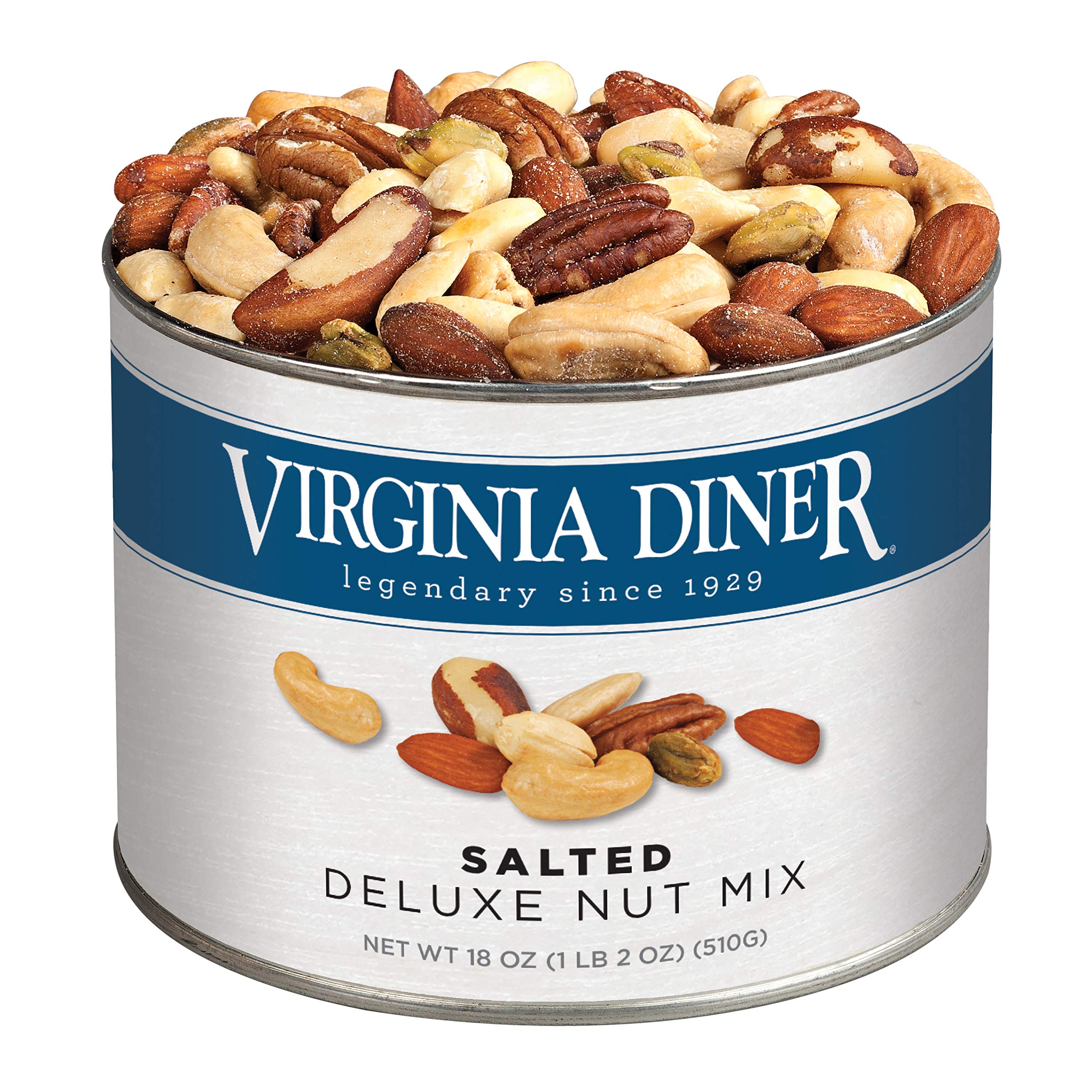 Virginia Diner front tin view showing brand and nut assortment for gifting