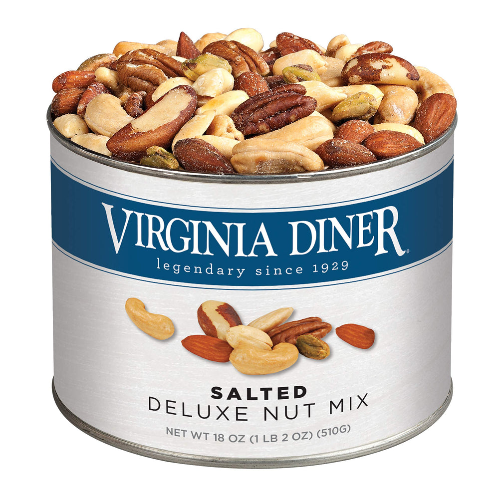 Virginia Diner front tin view showing brand and nut assortment for gifting