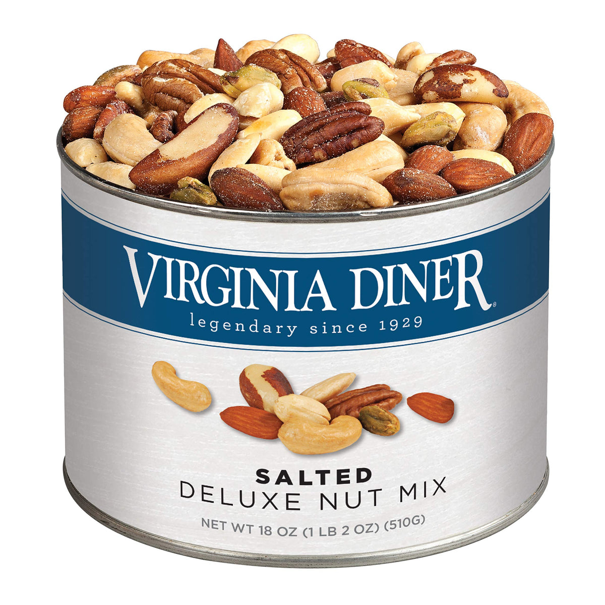 Virginia Diner front tin view showing brand and nut assortment for gifting