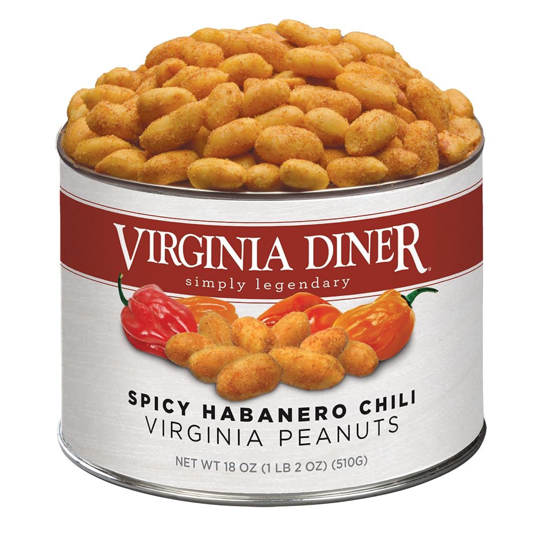Virginia Diner tin showing spicy habanero chili peanuts and resealable lid for freshness