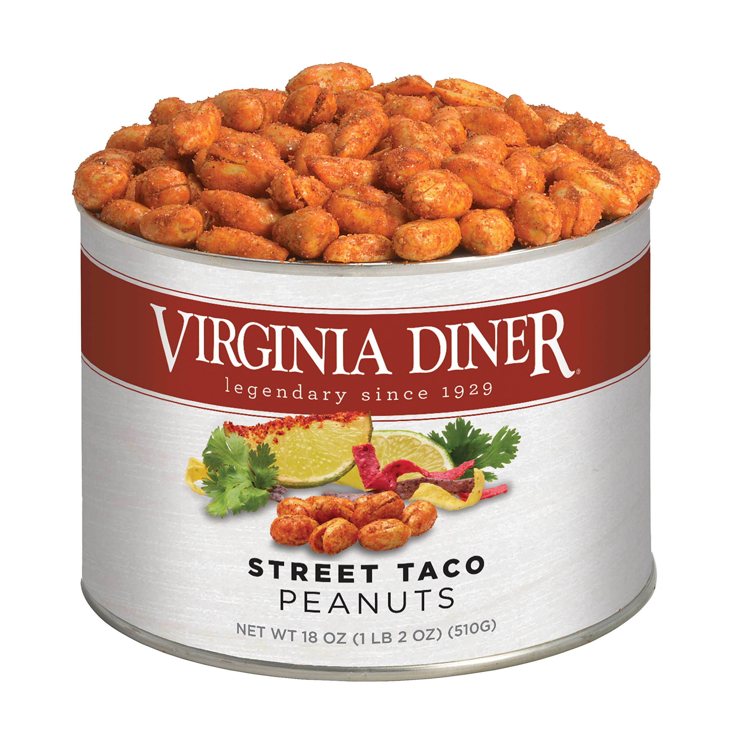 Virginia Diner tin front label showing street taco flavored peanuts and freshness