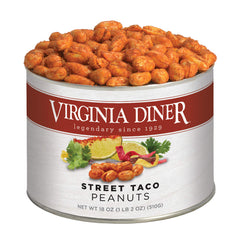 Virginia Diner tin front label showing street taco flavored peanuts and freshness