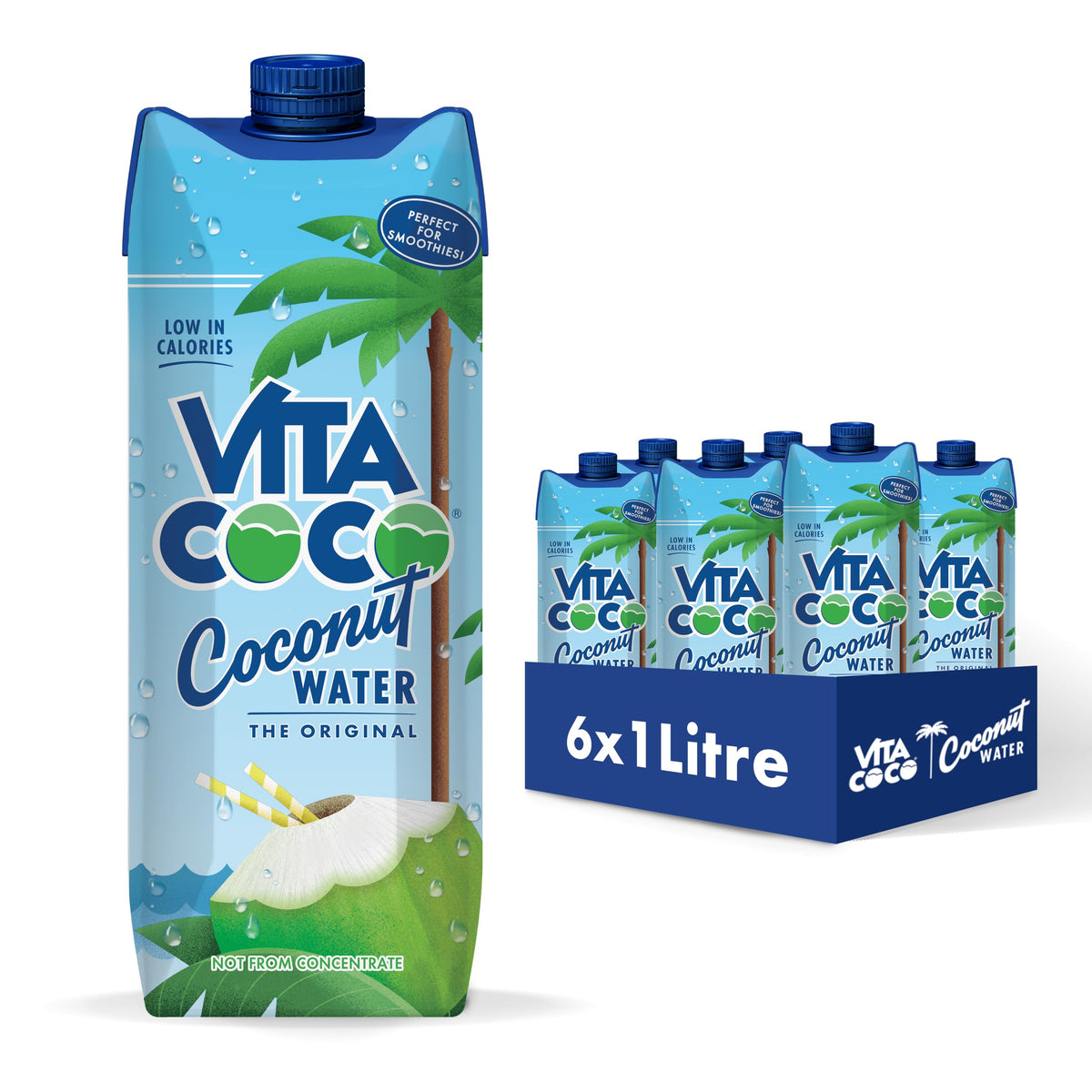 Vita Coco front packaging showing six 33.8oz bottles and easy grab convenience