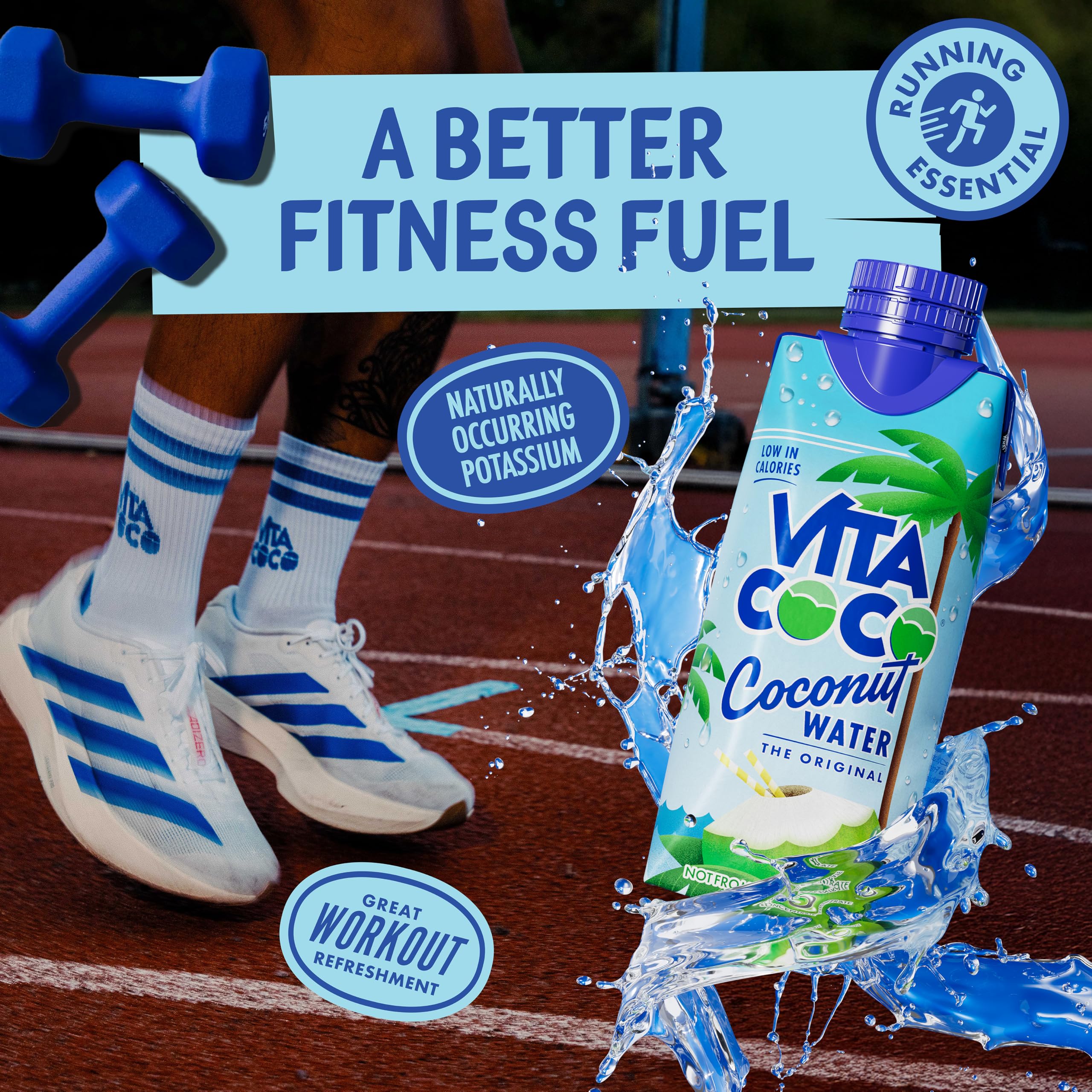 Vita Coco bottle on a beach towel conveying natural tropical refreshment benefits