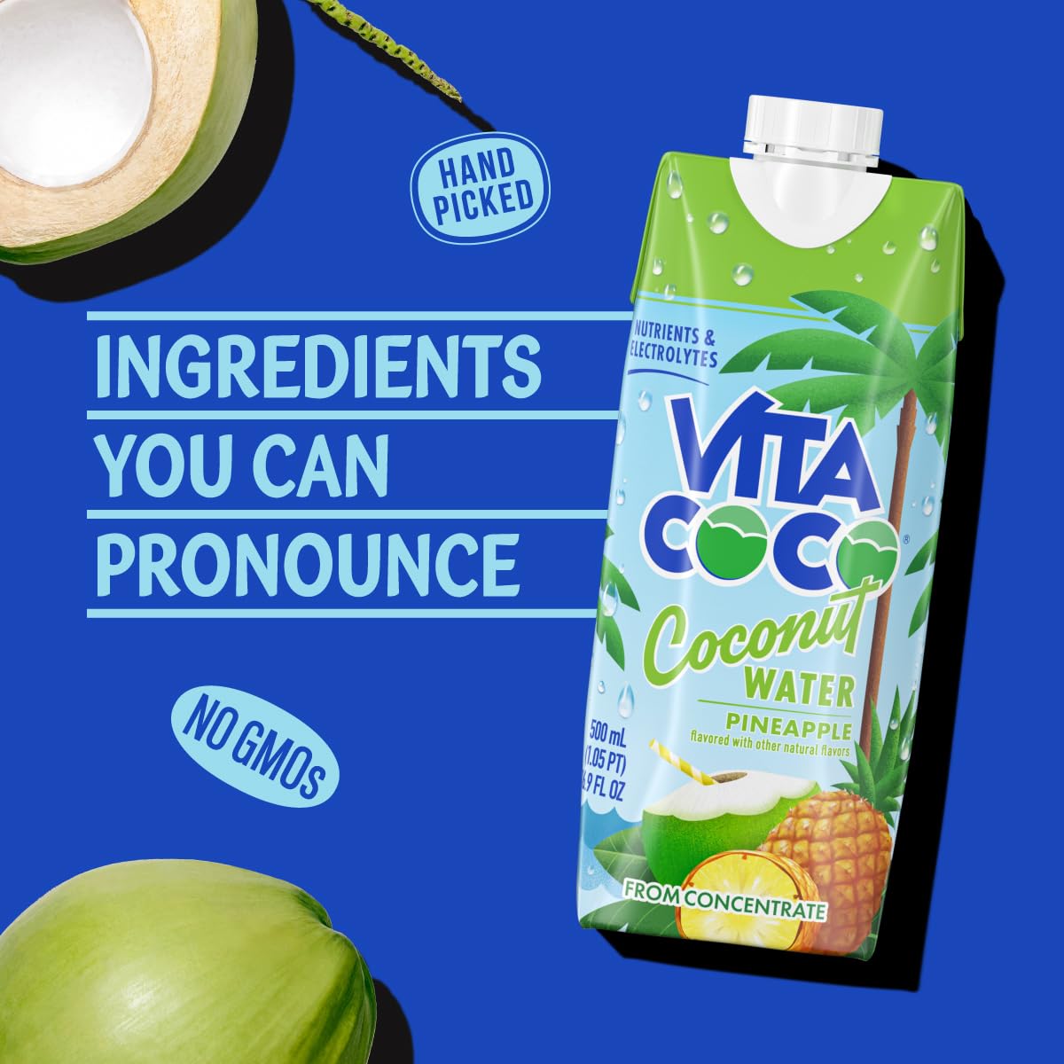 Hand holding Vita Coco Pineapple carton to demonstrate single-serve size and portability for on-the-go use