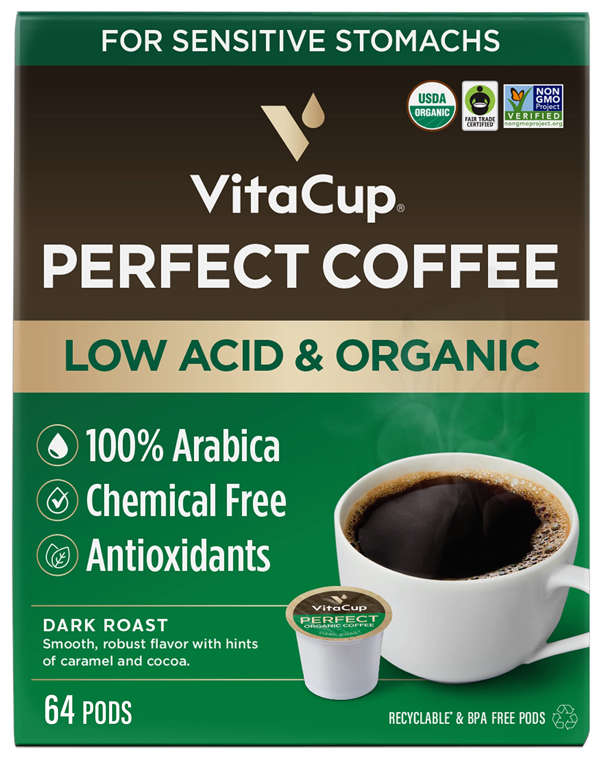 VitaCup front packaging showing 64ct organic dark roast pods and certifications, clear labeling benefit