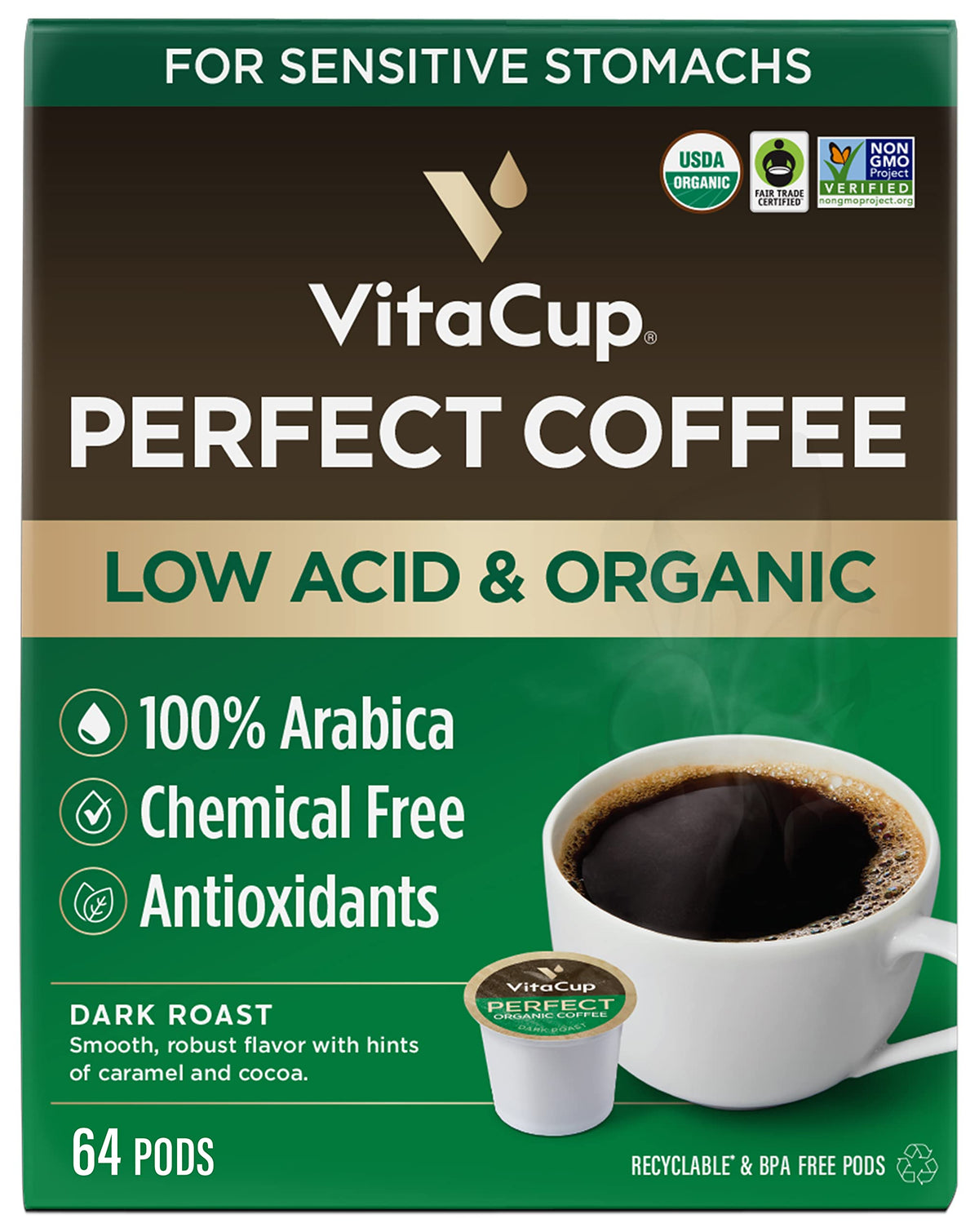 VitaCup front packaging showing 64ct organic dark roast pods and certifications, clear labeling benefit