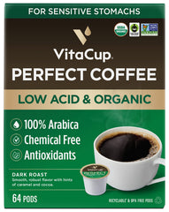 VitaCup front packaging showing 64ct organic dark roast pods and certifications, clear labeling benefit