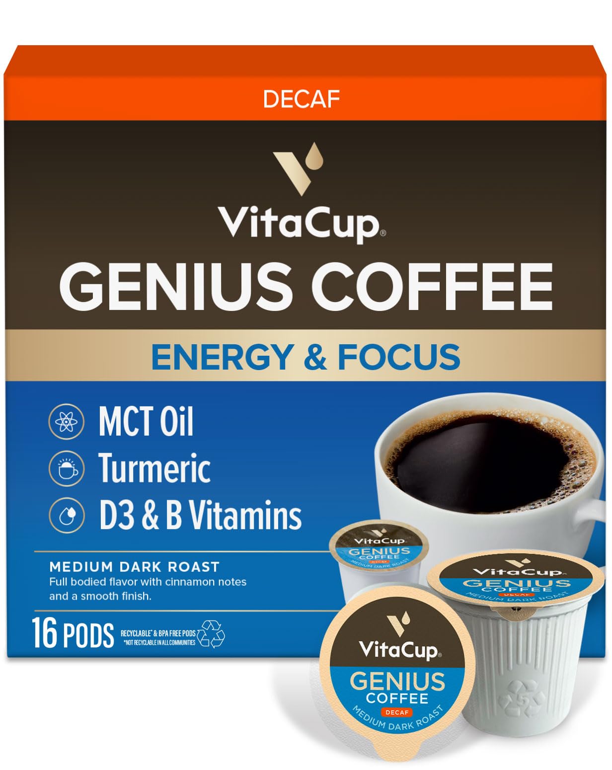 VitaCup front packaging showing 16ct pods and key benefits