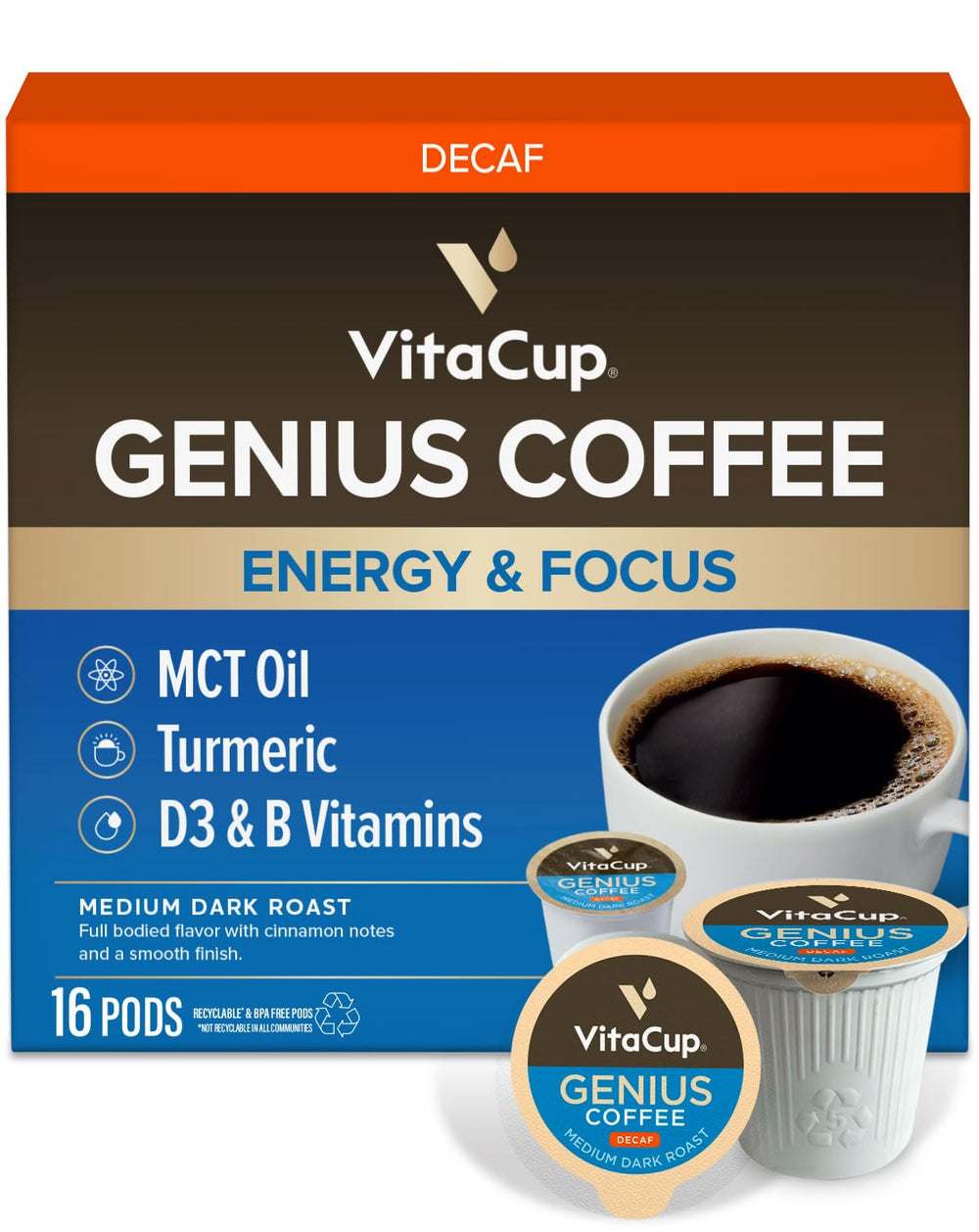 VitaCup front packaging showing 16ct pods and key benefits