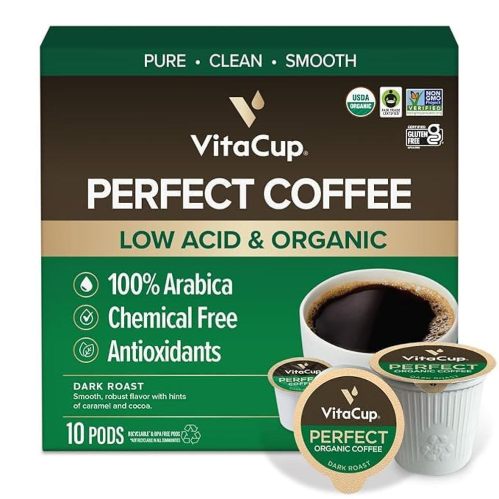VitaCup front packaging showing 10ct pods and low-acid benefit
