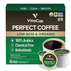 VitaCup front packaging showing 10ct pods and low-acid benefit