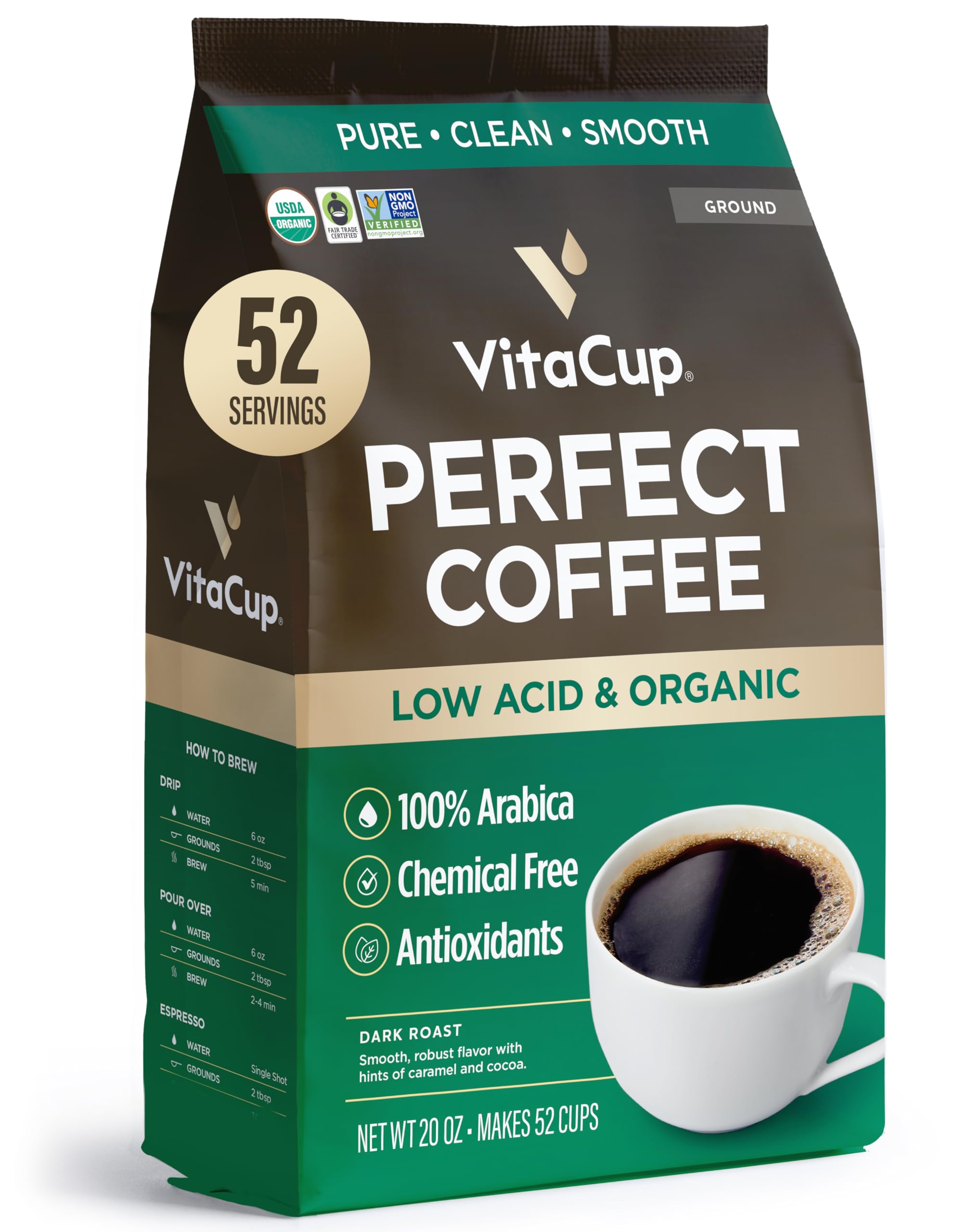 VitaCup front packaging showing 20oz bag and clear organic label, highlights freshness