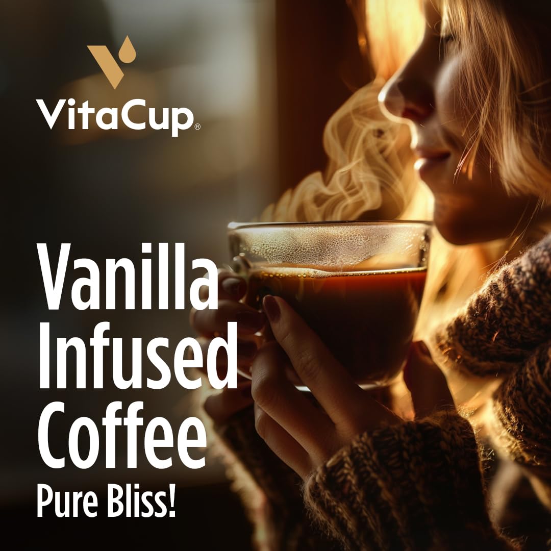 VitaCup Genius Vanilla coffee grounds pouring from pod into hand for texture and aroma