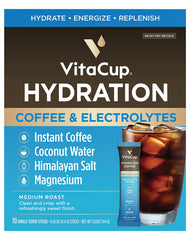VitaCup front packaging showing 10-count medium roast packets and benefits