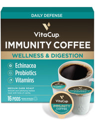 VitaCup front packaging showing box and 16 pods, conveys convenience