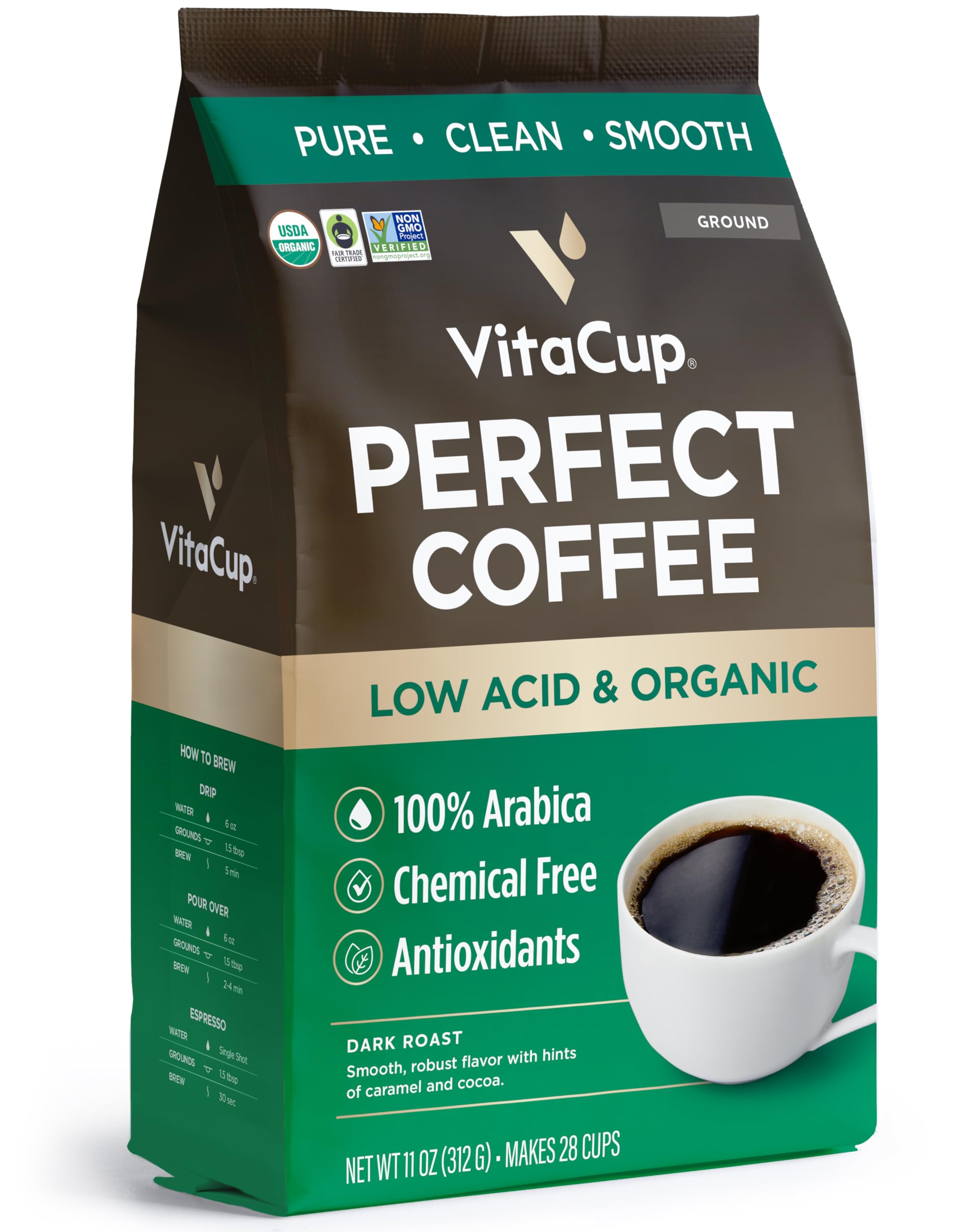 VitaCup front packaging showing organic low acid label and dark roast benefit