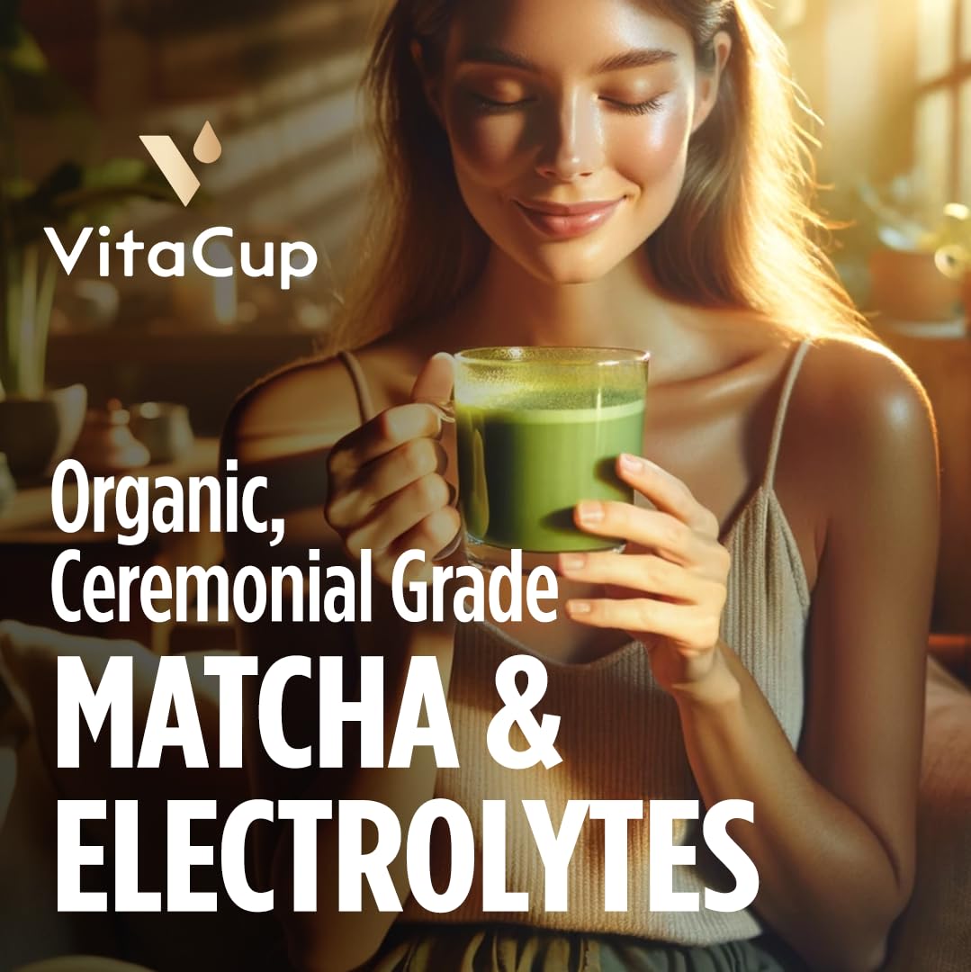 VitaCup matcha powder close-up highlighting fine ceremonial texture and vibrant color