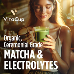 VitaCup matcha powder close-up highlighting fine ceremonial texture and vibrant color