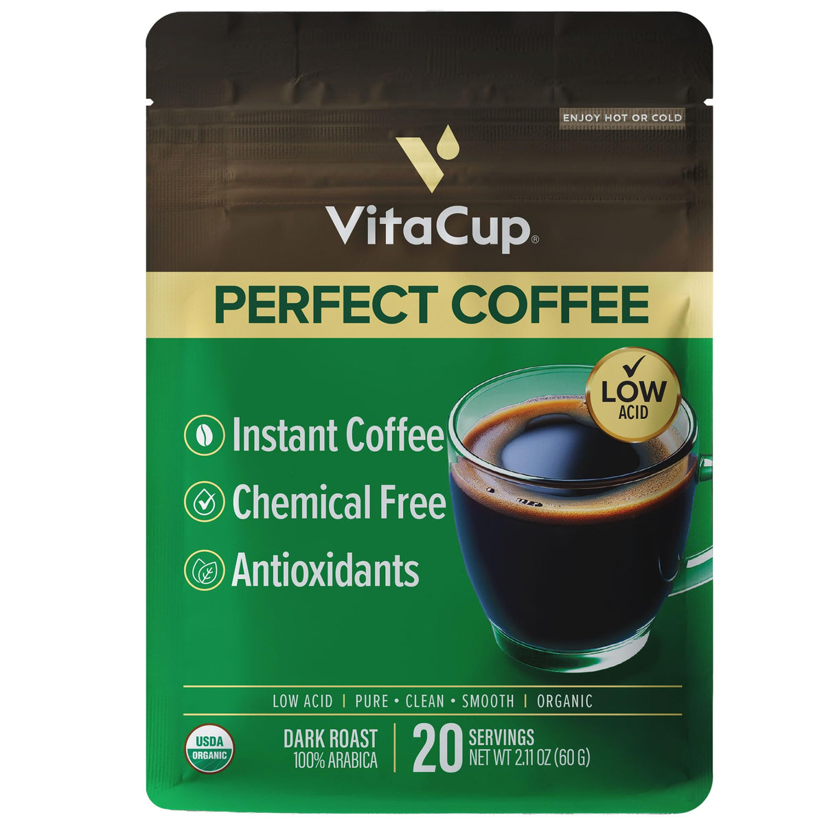 VitaCup pouch front view showing branding and servings benefit