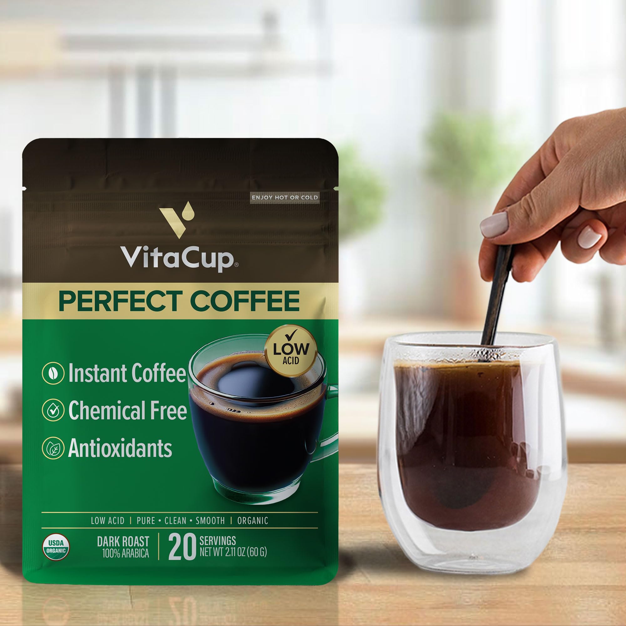 close-up of VitaCup instant granules showing smooth texture and quick dissolve