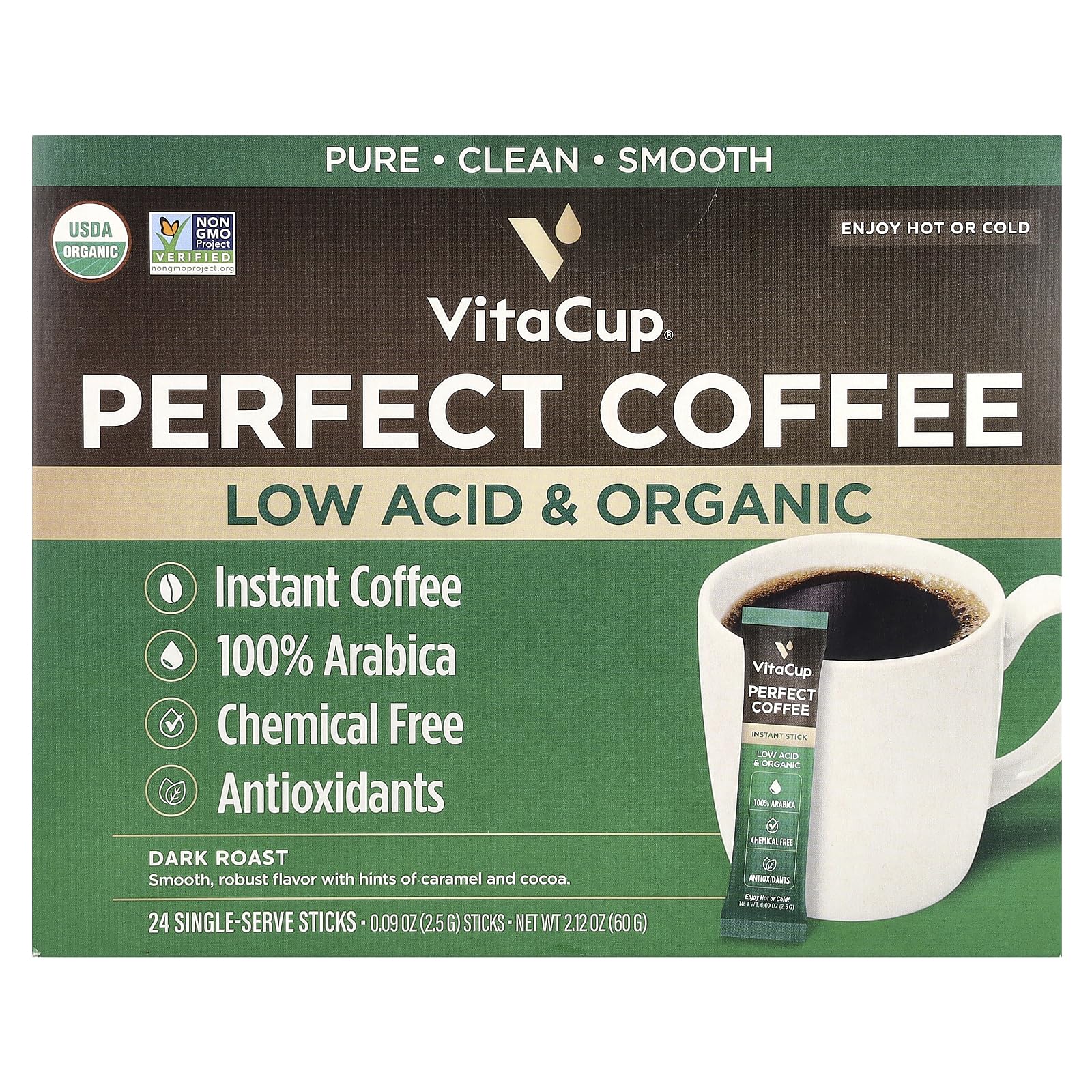 VitaCup front packaging showing 24 organic instant coffee packets and benefits
