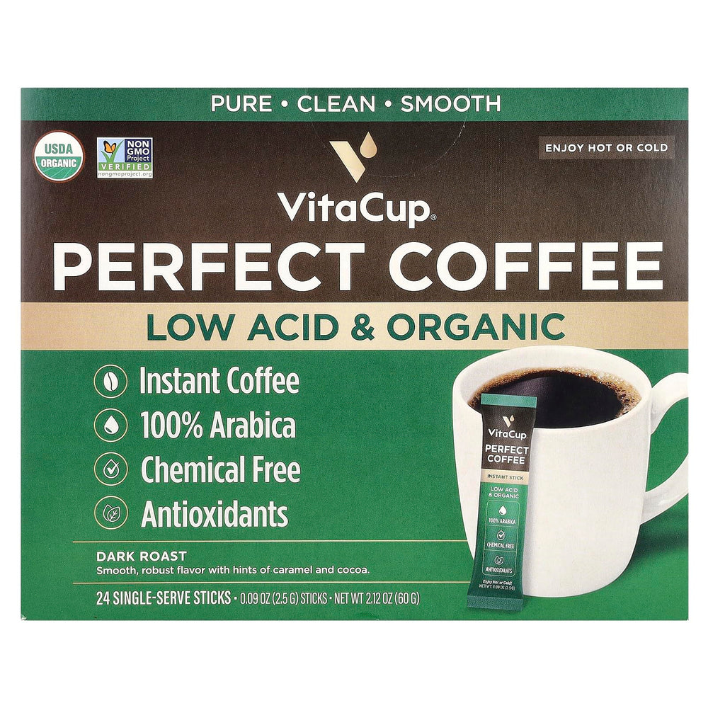 VitaCup front packaging showing 24 organic instant coffee packets and benefits