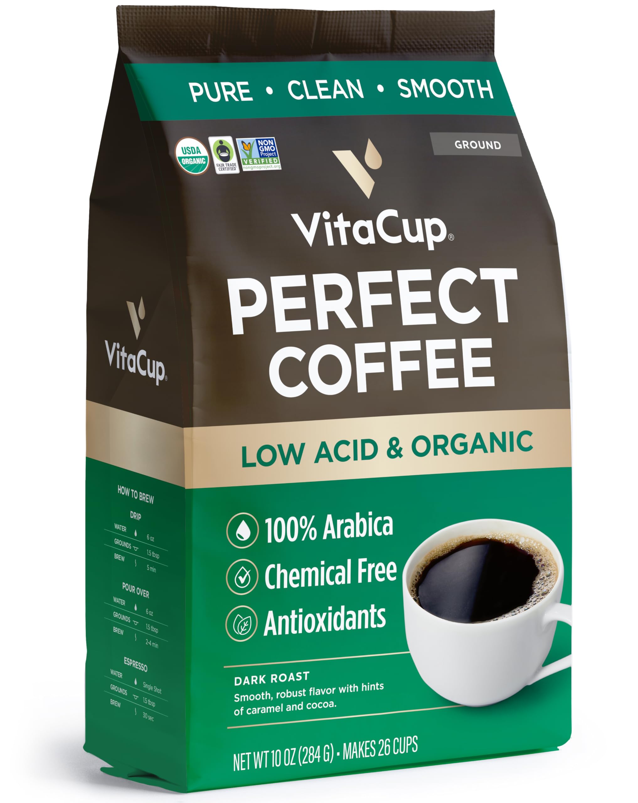 VitaCup front packaging showing organic low acid label and benefits