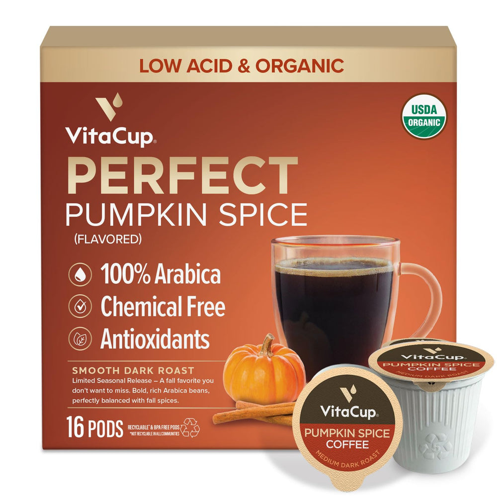 VitaCup front packaging showing organic pumpkin spice pods and benefits